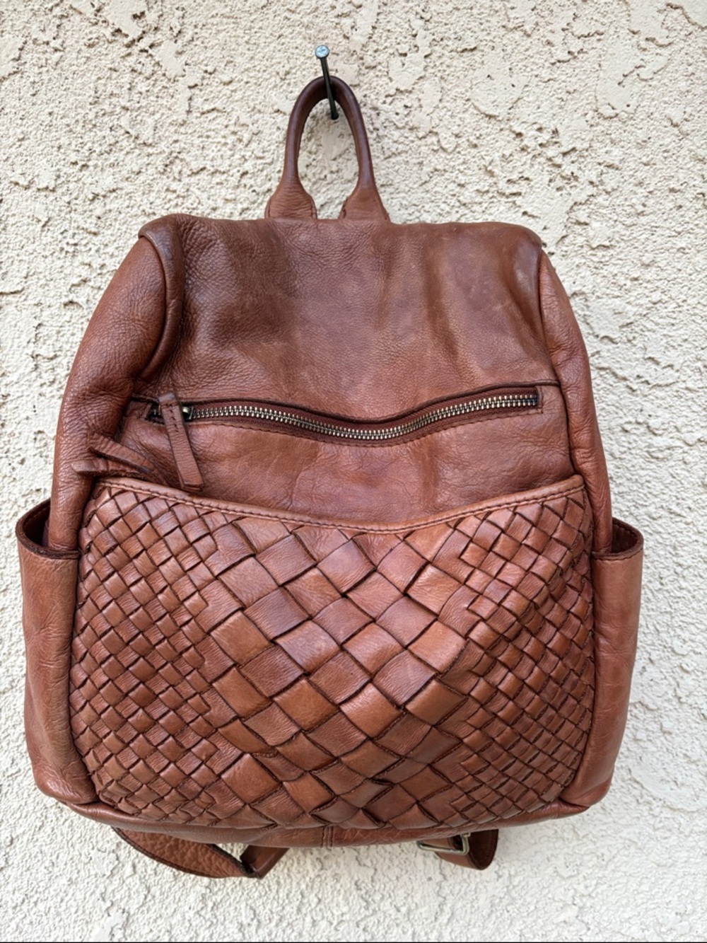 Woven Leather Backpack - Cognac Brown